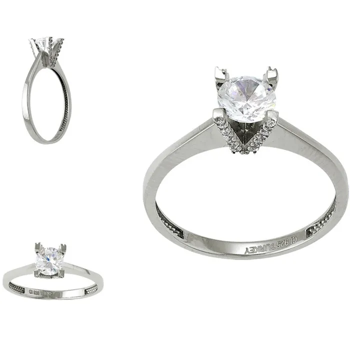Rings Sterling Silver Small CZ V Setting with Large CZ Ring W9565 Classic