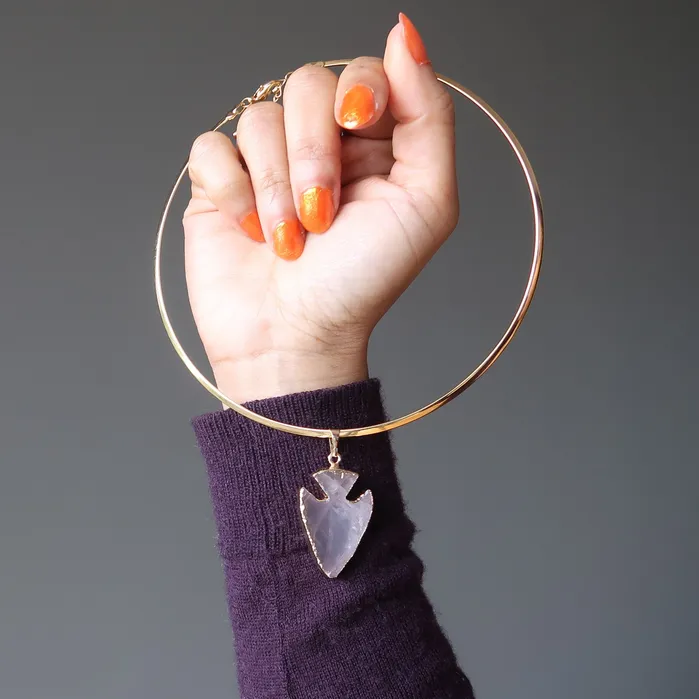 Satin Crystals Necklaces Rose Quartz Necklace Arrowhead Cupids Gold Choker