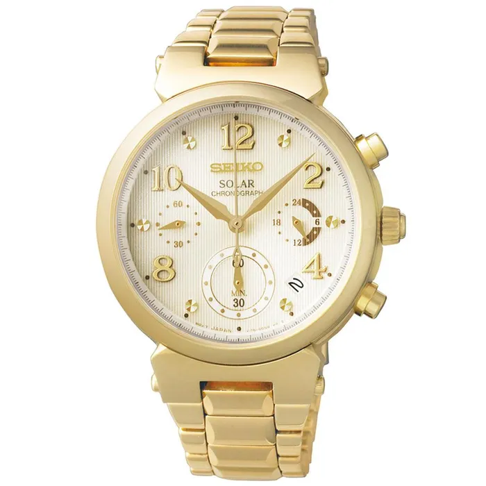 Seiko SSC858 Womens Core Solar Chronograph Champagne Dial Yellow Gold Steel Bracelet Watch Seiko Bracelets Seiko SSC858 Womens Core Solar Chronograph Champagne Dial Yellow Gold Steel Bracelet Watch Seiko Bracelets