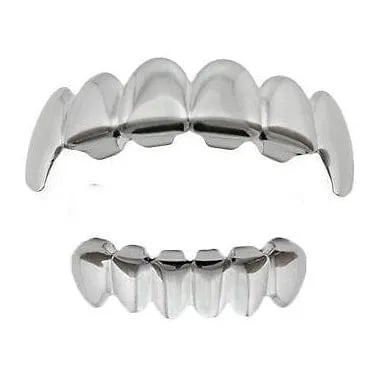Silver Tone Vampire Fangs Plain Grillz Set Bling Cartel Admin Rings