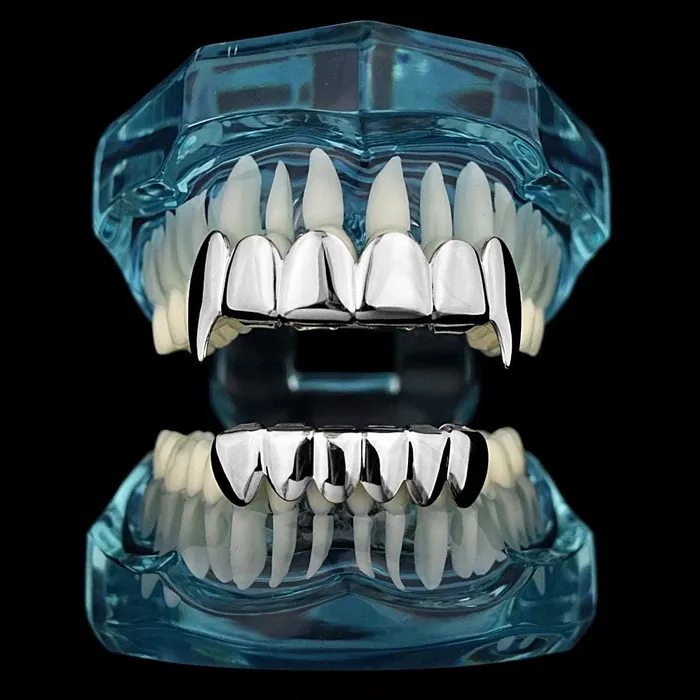 Silver Tone Vampire Fangs Plain Grillz Set Bling Cartel Admin Rings