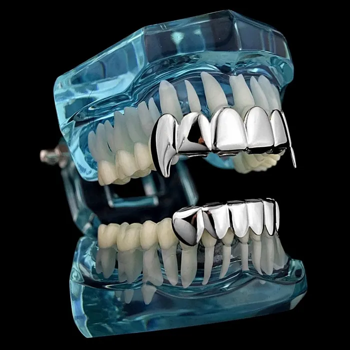 Silver Tone Vampire Fangs Plain Grillz Set Bling Cartel Admin Rings