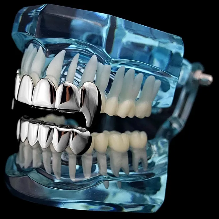 Silver Tone Vampire Fangs Plain Grillz Set Bling Cartel Admin Rings