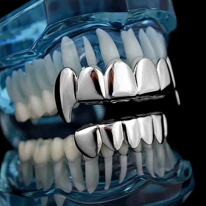 Silver Tone Vampire Fangs Plain Grillz Set Bling Cartel Admin Rings