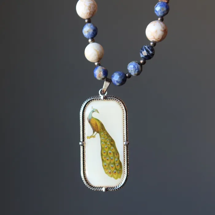 Sodalite Necklace Peacock of Honor Magnesite Crystals Satin Crystals Necklaces