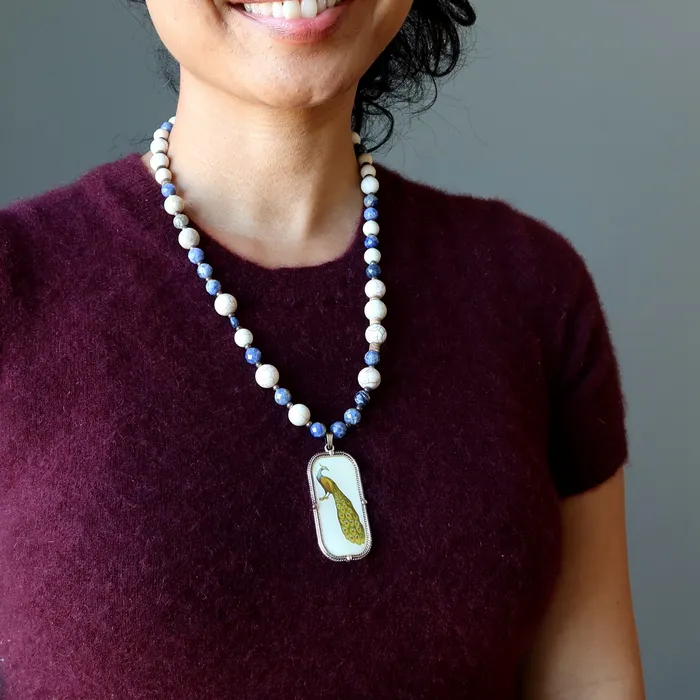 Sodalite Necklace Peacock of Honor Magnesite Crystals Satin Crystals Necklaces