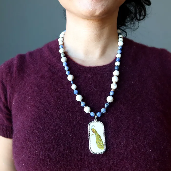 Sodalite Necklace Peacock of Honor Magnesite Crystals Satin Crystals Necklaces