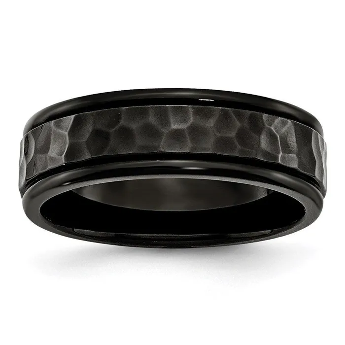 Stainless Steel 7mm Black IPplated Hammered and Polished Band Chisel Rings Stainless Steel 7mm Black IPplated Hammered and Polished Band Chisel Rings
