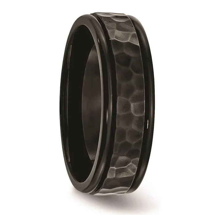 Stainless Steel 7mm Black IPplated Hammered and Polished Band Chisel Rings Stainless Steel 7mm Black IPplated Hammered and Polished Band Chisel Rings