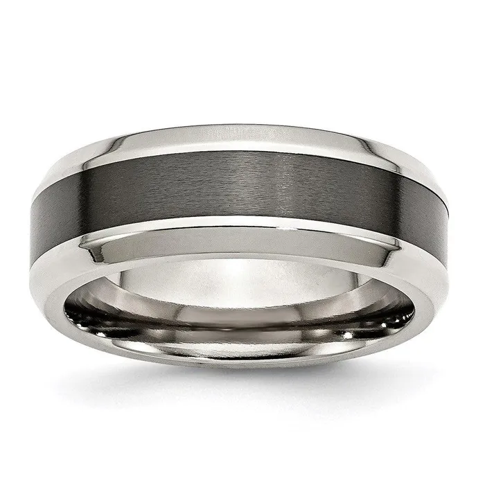 Stainless Steel Base wBrushed Black Ceramic Center Beveled Band Chisel Rings Stainless Steel Base wBrushed Black Ceramic Center Beveled Band Chisel Rings