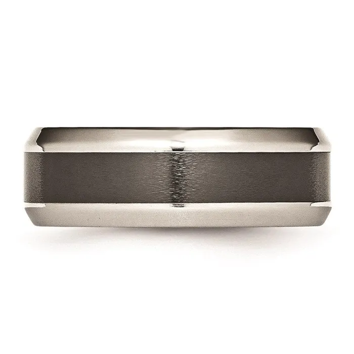 Stainless Steel Base wBrushed Black Ceramic Center Beveled Band Chisel Rings Stainless Steel Base wBrushed Black Ceramic Center Beveled Band Chisel Rings