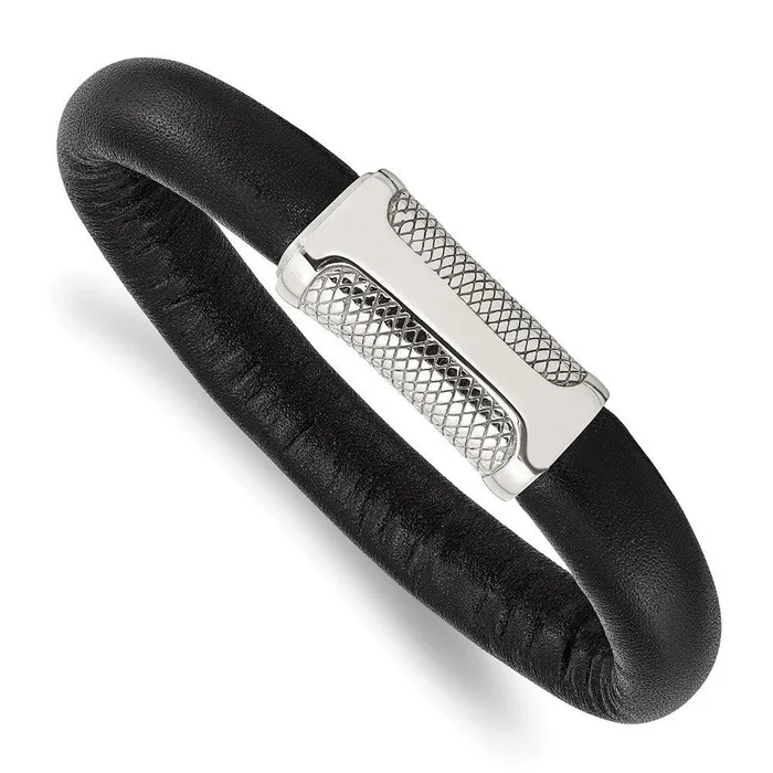 Stainless Steel Black Leather Textured 85in Bracelet Chisel Bracelets
