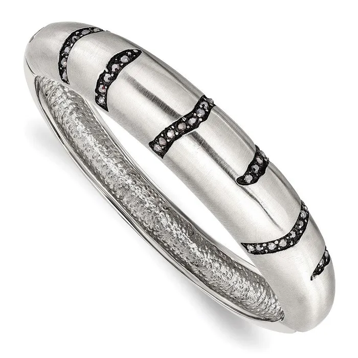 Stainless Steel Brushed Black Crystal Hinged Bangle Chisel Bracelets