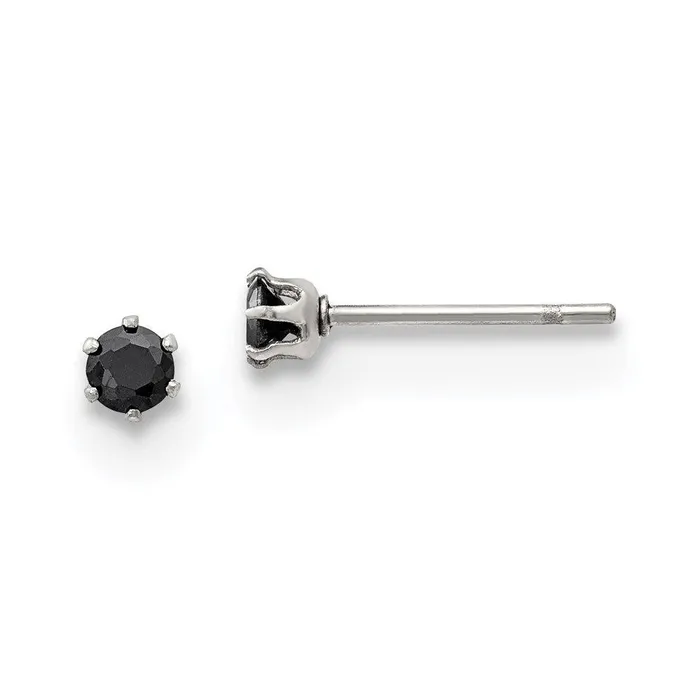 Stainless Steel Polished 3mm Black Round CZ Stud Post Earrings Chisel Earrings Stainless Steel Polished 3mm Black Round CZ Stud Post Earrings Chisel Earrings