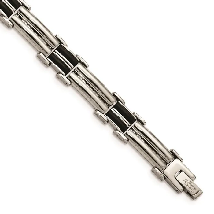 Stainless Steel Polished Black Rubber Bracelet Chisel Bracelets