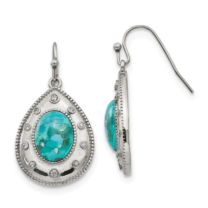 Stainless Steel Polished Imitation Turquoise and CZ Shepherd Hook Earrings Chisel Earrings Stainless Steel Polished Imitation Turquoise and CZ Shepherd Hook Earrings Chisel Earrings