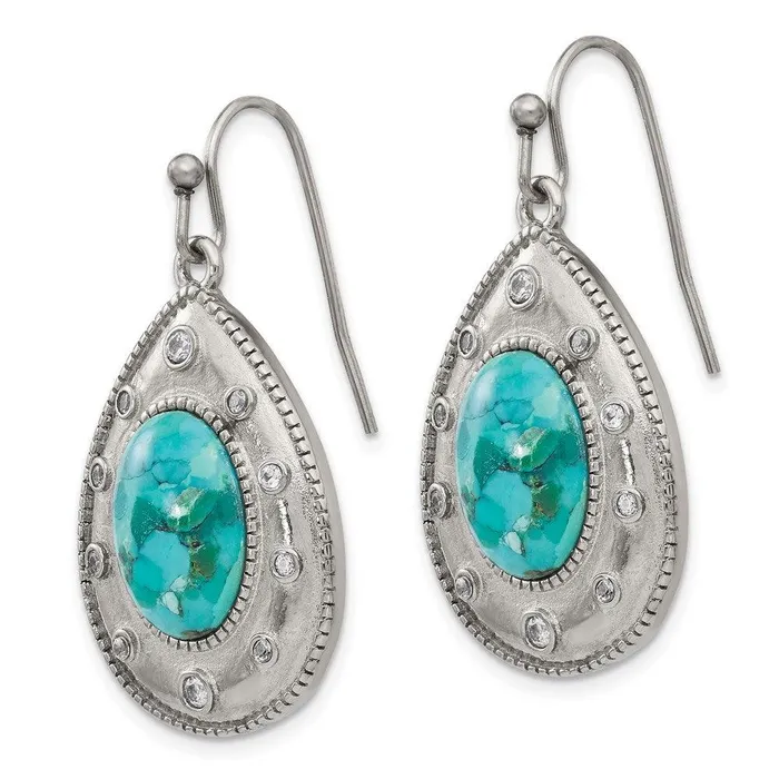 Stainless Steel Polished Imitation Turquoise and CZ Shepherd Hook Earrings Chisel Earrings Stainless Steel Polished Imitation Turquoise and CZ Shepherd Hook Earrings Chisel Earrings