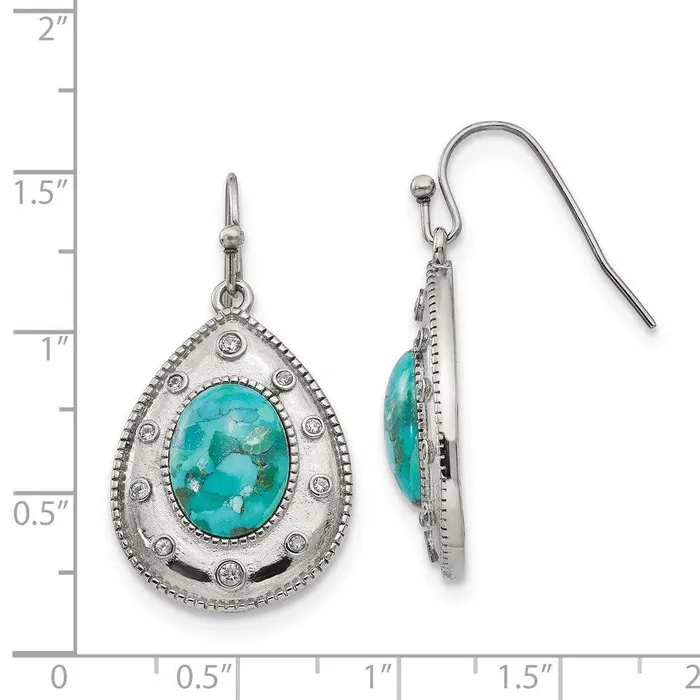 Stainless Steel Polished Imitation Turquoise and CZ Shepherd Hook Earrings Chisel Earrings Stainless Steel Polished Imitation Turquoise and CZ Shepherd Hook Earrings Chisel Earrings