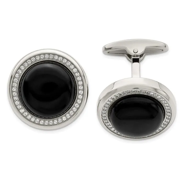 Stainless Steel Polished with CZ and Onyx Circle Cufflinks Chisel Bracelets Stainless Steel Polished with CZ and Onyx Circle Cufflinks Chisel Bracelets