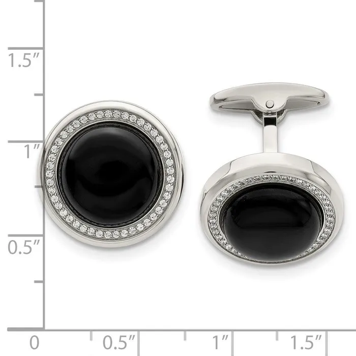 Stainless Steel Polished with CZ and Onyx Circle Cufflinks Chisel Bracelets Stainless Steel Polished with CZ and Onyx Circle Cufflinks Chisel Bracelets