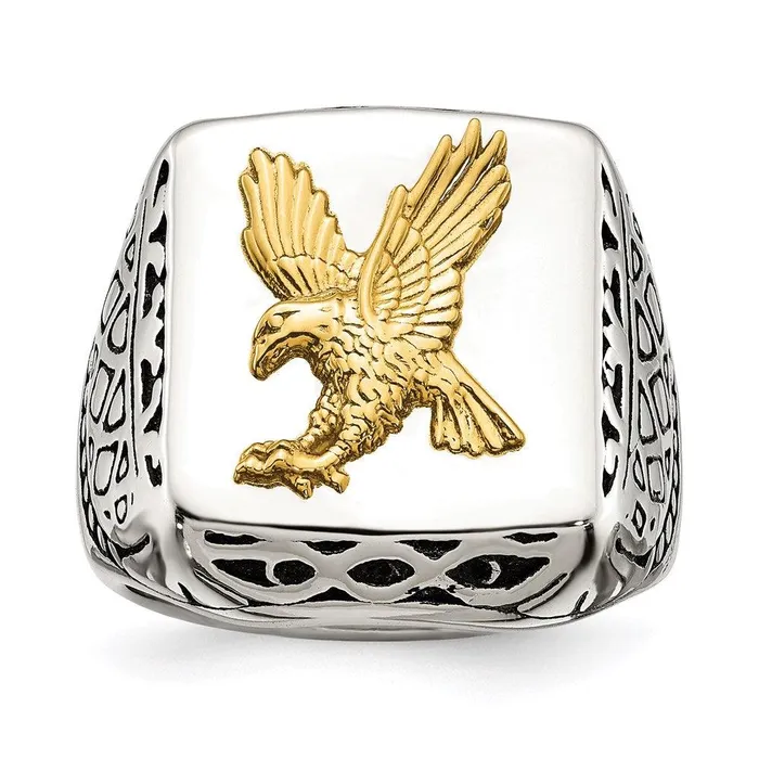 Stainless Steel w14k Accent Antiqued and Polished Eagle Ring Chisel Rings Stainless Steel w14k Accent Antiqued and Polished Eagle Ring Chisel Rings