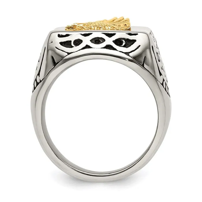 Stainless Steel w14k Accent Antiqued and Polished Eagle Ring Chisel Rings Stainless Steel w14k Accent Antiqued and Polished Eagle Ring Chisel Rings