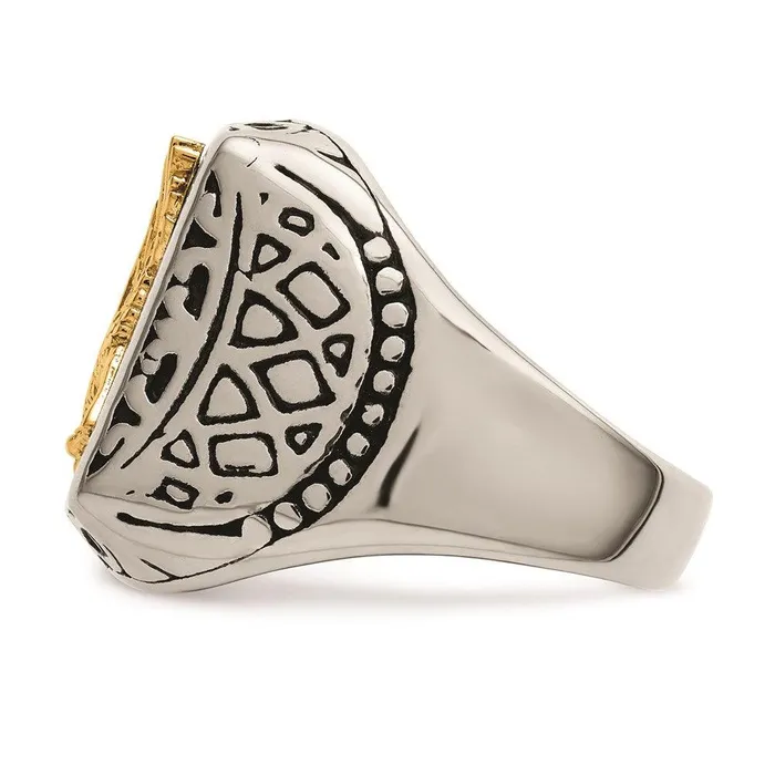 Stainless Steel w14k Accent Antiqued and Polished Eagle Ring Chisel Rings Stainless Steel w14k Accent Antiqued and Polished Eagle Ring Chisel Rings
