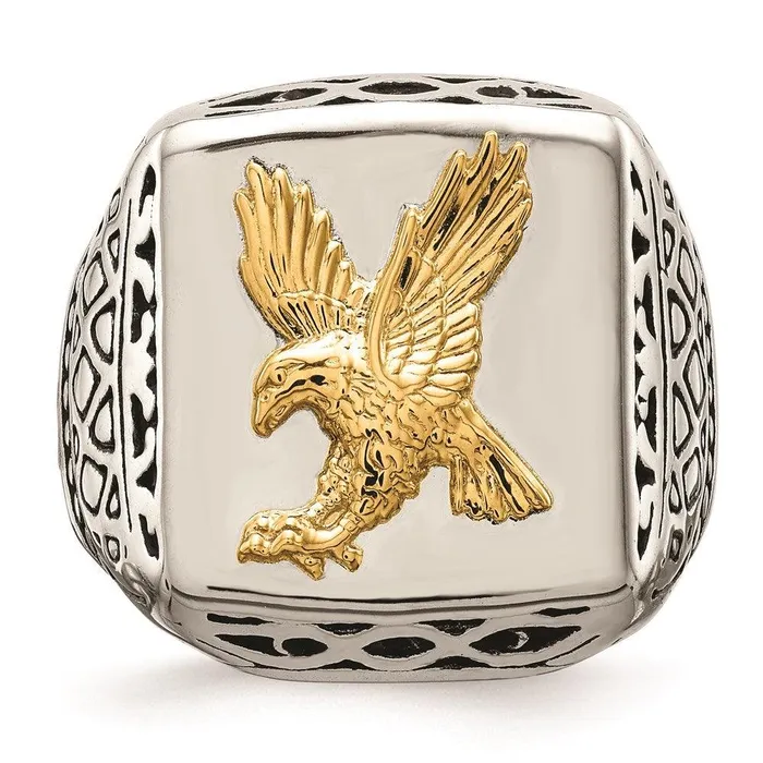 Stainless Steel w14k Accent Antiqued and Polished Eagle Ring Chisel Rings Stainless Steel w14k Accent Antiqued and Polished Eagle Ring Chisel Rings
