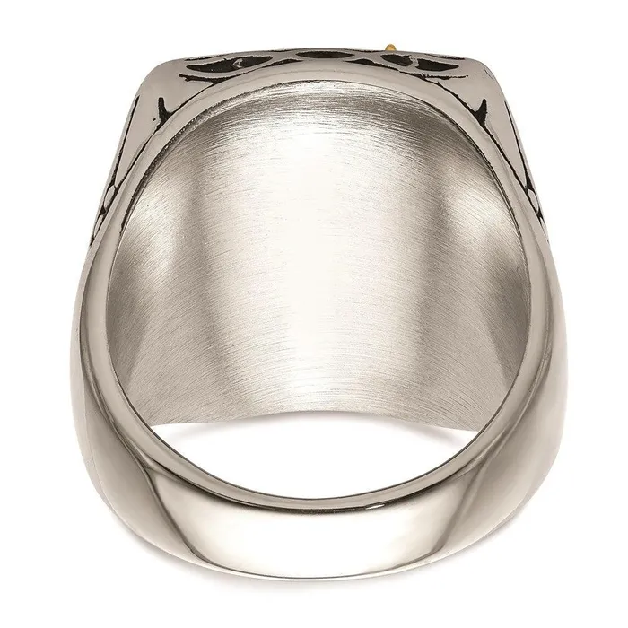 Stainless Steel w14k Accent Antiqued and Polished Eagle Ring Chisel Rings Stainless Steel w14k Accent Antiqued and Polished Eagle Ring Chisel Rings