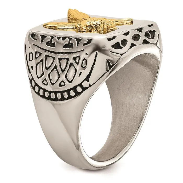 Stainless Steel w14k Accent Antiqued and Polished Eagle Ring Chisel Rings Stainless Steel w14k Accent Antiqued and Polished Eagle Ring Chisel Rings