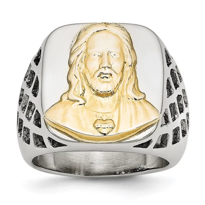 Stainless Steel with Sterling Silver Jesus Yellow IPplated Polished Ring Chisel Rings Stainless Steel with Sterling Silver Jesus Yellow IPplated Polished Ring Chisel Rings