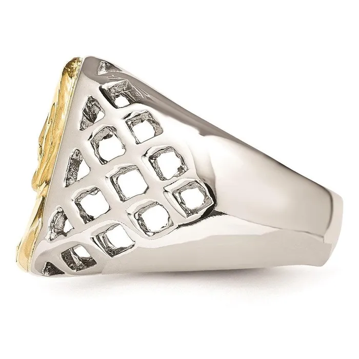 Stainless Steel with Sterling Silver Jesus Yellow IPplated Polished Ring Chisel Rings Stainless Steel with Sterling Silver Jesus Yellow IPplated Polished Ring Chisel Rings
