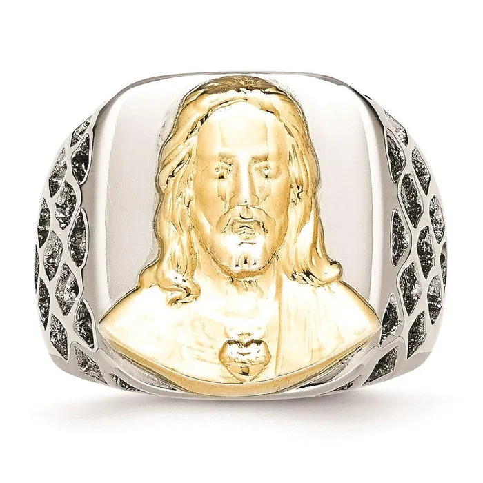 Stainless Steel with Sterling Silver Jesus Yellow IPplated Polished Ring Chisel Rings Stainless Steel with Sterling Silver Jesus Yellow IPplated Polished Ring Chisel Rings