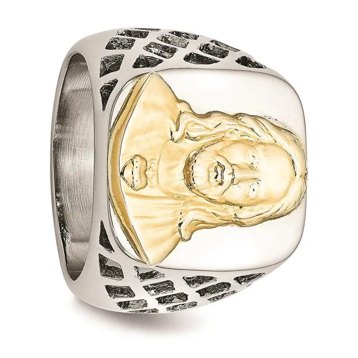 Stainless Steel with Sterling Silver Jesus Yellow IPplated Polished Ring Chisel Rings Stainless Steel with Sterling Silver Jesus Yellow IPplated Polished Ring Chisel Rings
