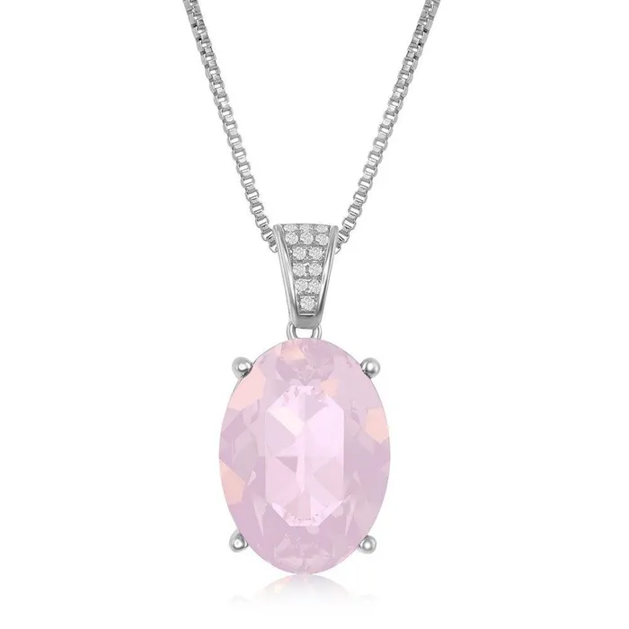 Sterling Silver CZ Bale and 14x10mm Oval Pink Opal Swarovski Element Necklace Classic Necklaces Sterling Silver CZ Bale and 14x10mm Oval Pink Opal Swarovski Element Necklace Classic Necklaces