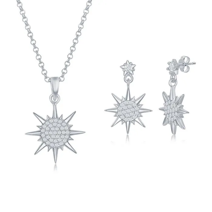 Sterling Silver CZ Sun Pendant Earrings Set With Chain Classic Earrings