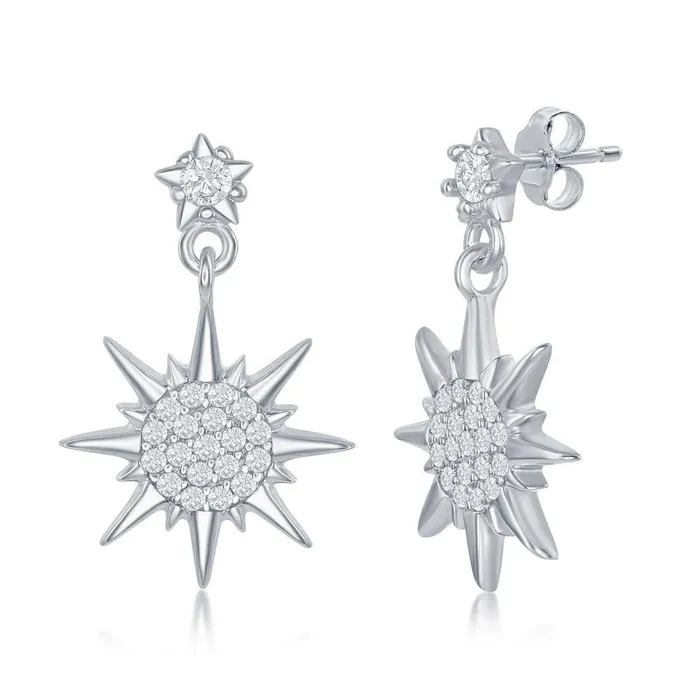 Sterling Silver CZ Sun Pendant Earrings Set With Chain Classic Earrings
