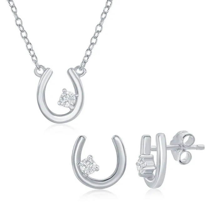 Sterling Silver Horseshoe with Single CZ Necklace Earrings Set Classic Earrings Sterling Silver Horseshoe with Single CZ Necklace Earrings Set Classic Earrings