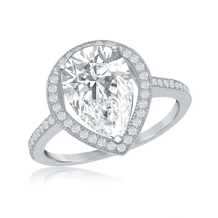 Sterling Silver Large Pear Shaped CZ Engagement Ring W2410 Classic Rings