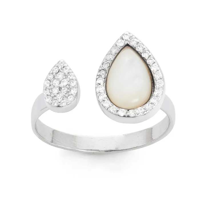 Sterling Silver MOP Teardrop with CZ Border Open Ring W1554 Classic Rings