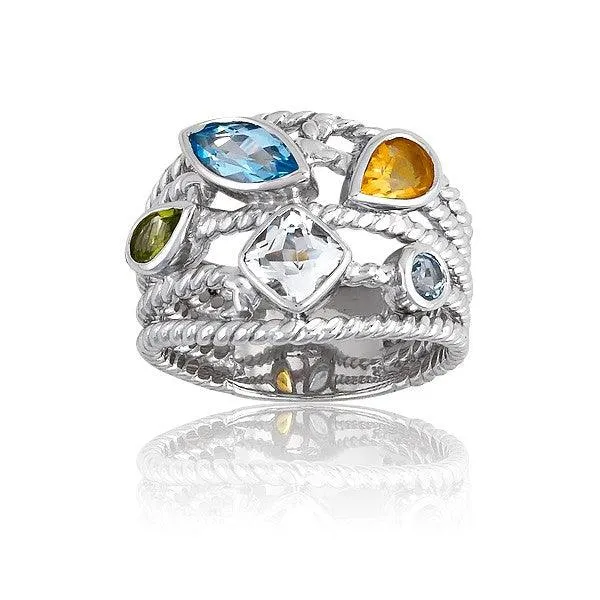 Sterling Silver MultiShaped Gemstone 5Strand Ring Size 6 Classic Rings