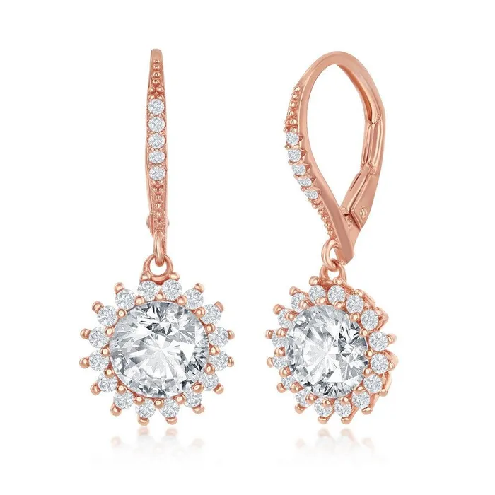 Sterling Silver Rose GP Round Halo Flower CZ Dangling Earrings Classic Earrings Sterling Silver Rose GP Round Halo Flower CZ Dangling Earrings Classic Earrings