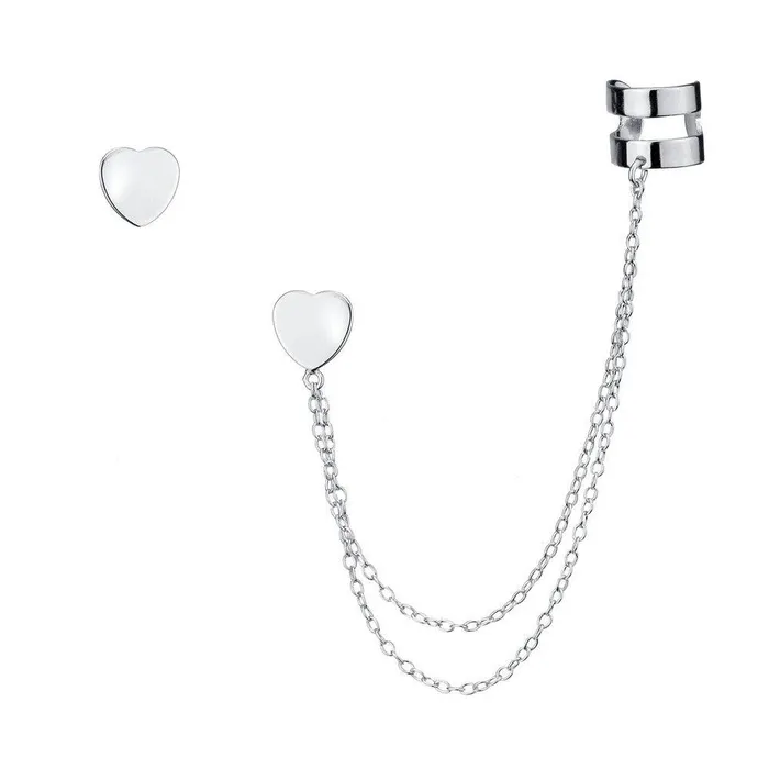 Sterling Silver Single Stud with Cuff Heart Earrings Classic Earrings