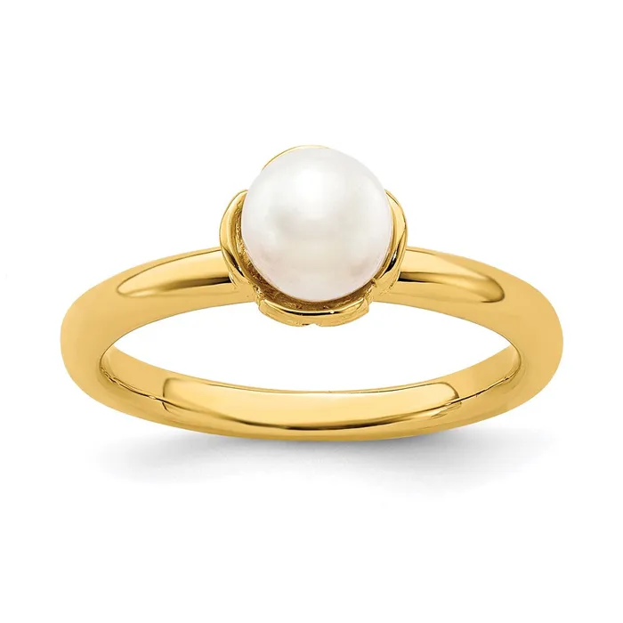 Sterling Silver Stack Exp White FW Cultured Pearl Goldplated Ring QSK749 Stackable Expressions Rings Sterling Silver Stack Exp White FW Cultured Pearl Goldplated Ring QSK749 Stackable Expressions Rings