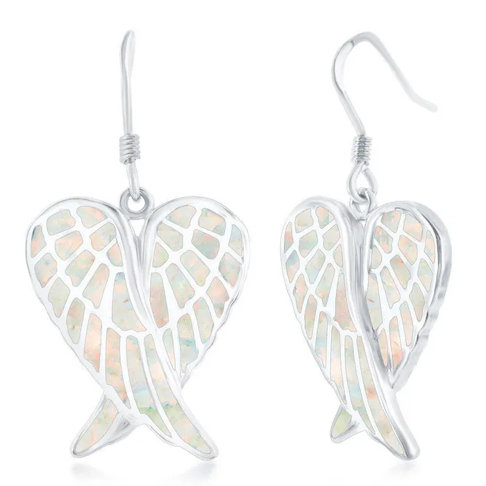 Sterling Silver White Inlay Angel Wings Earrings Classic Earrings