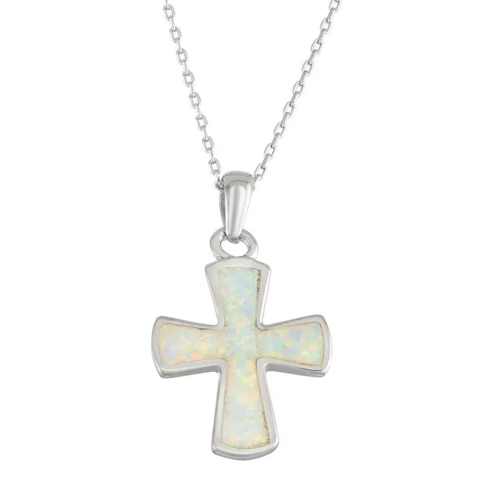 Sterling Silver White Inlay Opal Rounded Cross Pendant Classic Necklaces