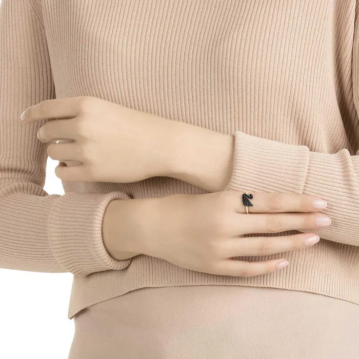 Swarovski Rings Swarovski Womens Ring Iconic Swan Black Crystal Rose Gold Size 58 5366580