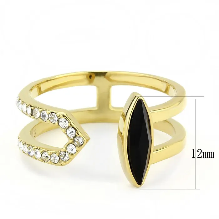 TK3591 IP GoldIon Plating Stainless Steel Ring with Top Grade Crystal in Jet Alamode Rings