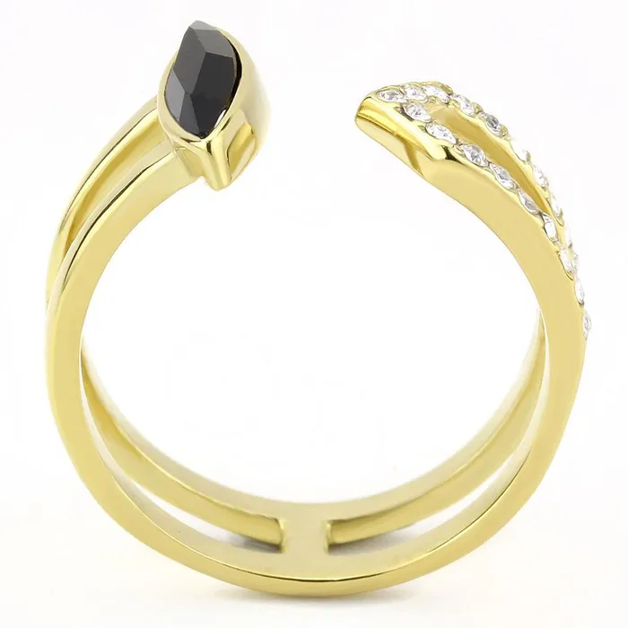 TK3591 IP GoldIon Plating Stainless Steel Ring with Top Grade Crystal in Jet Alamode Rings