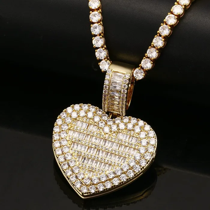 VVS Jewelry Fully Iced Custom Heart Baguette Photo Pendant Necklace Necklaces